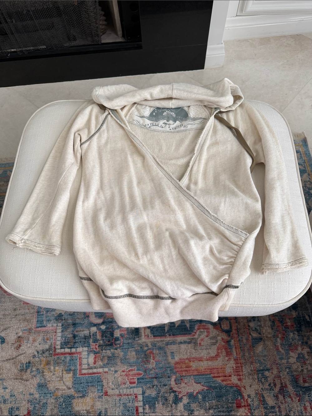 Free People oatmeal colored cross over hoodie sweatshirt